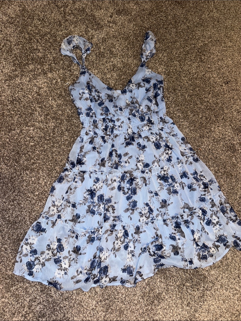 Trixxi Light Blue Floral Sundress with Navy and Brown Accents